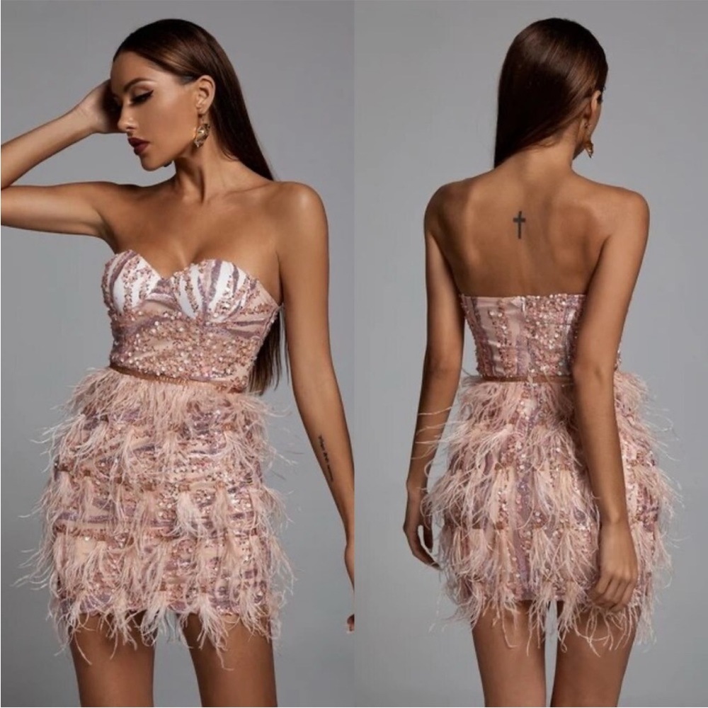 Bella Barnett Laila Sequin & Feather Dress Pink Strapless Size Medium
